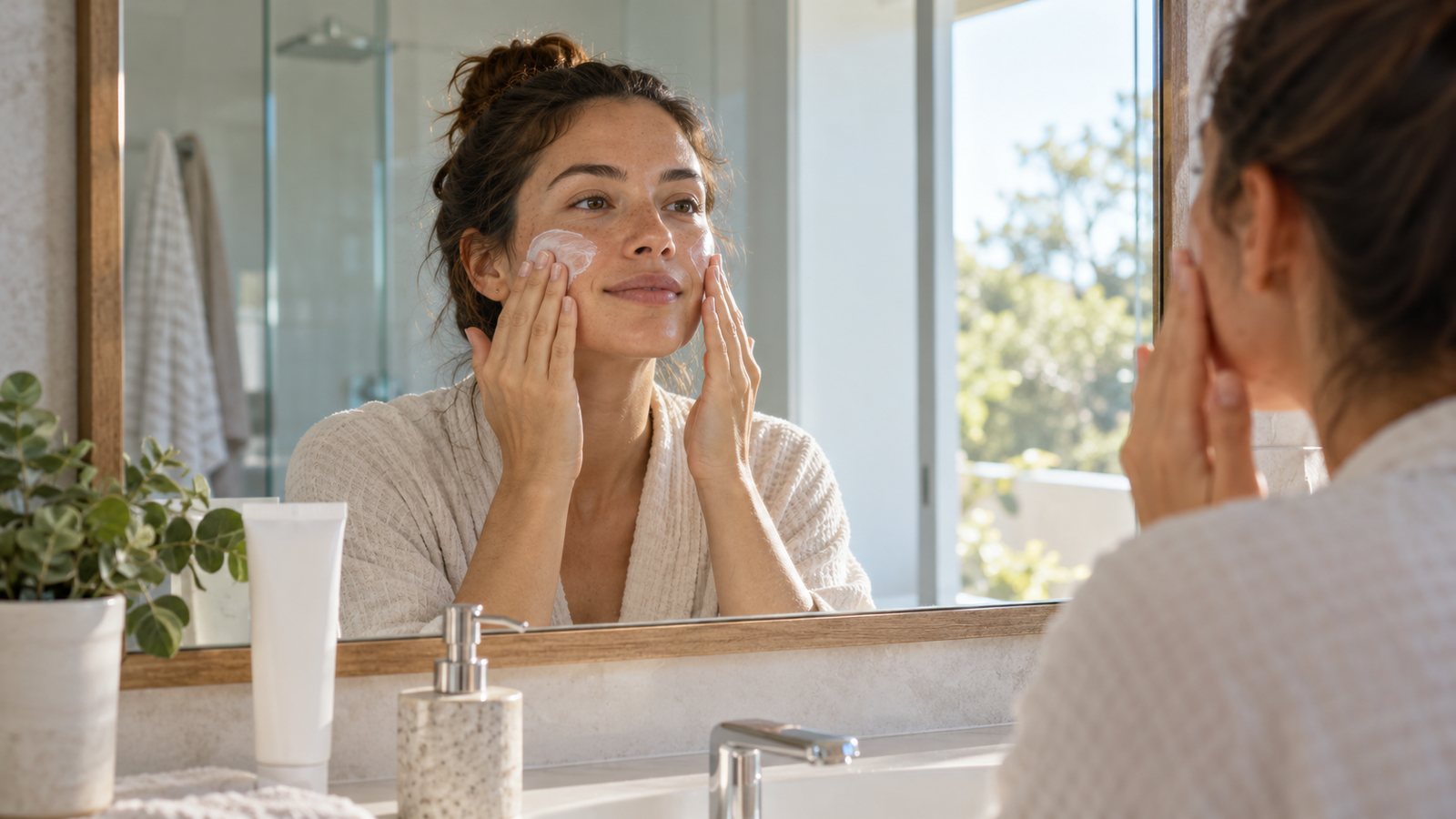 Applying sunscreen to the face (illustrative)