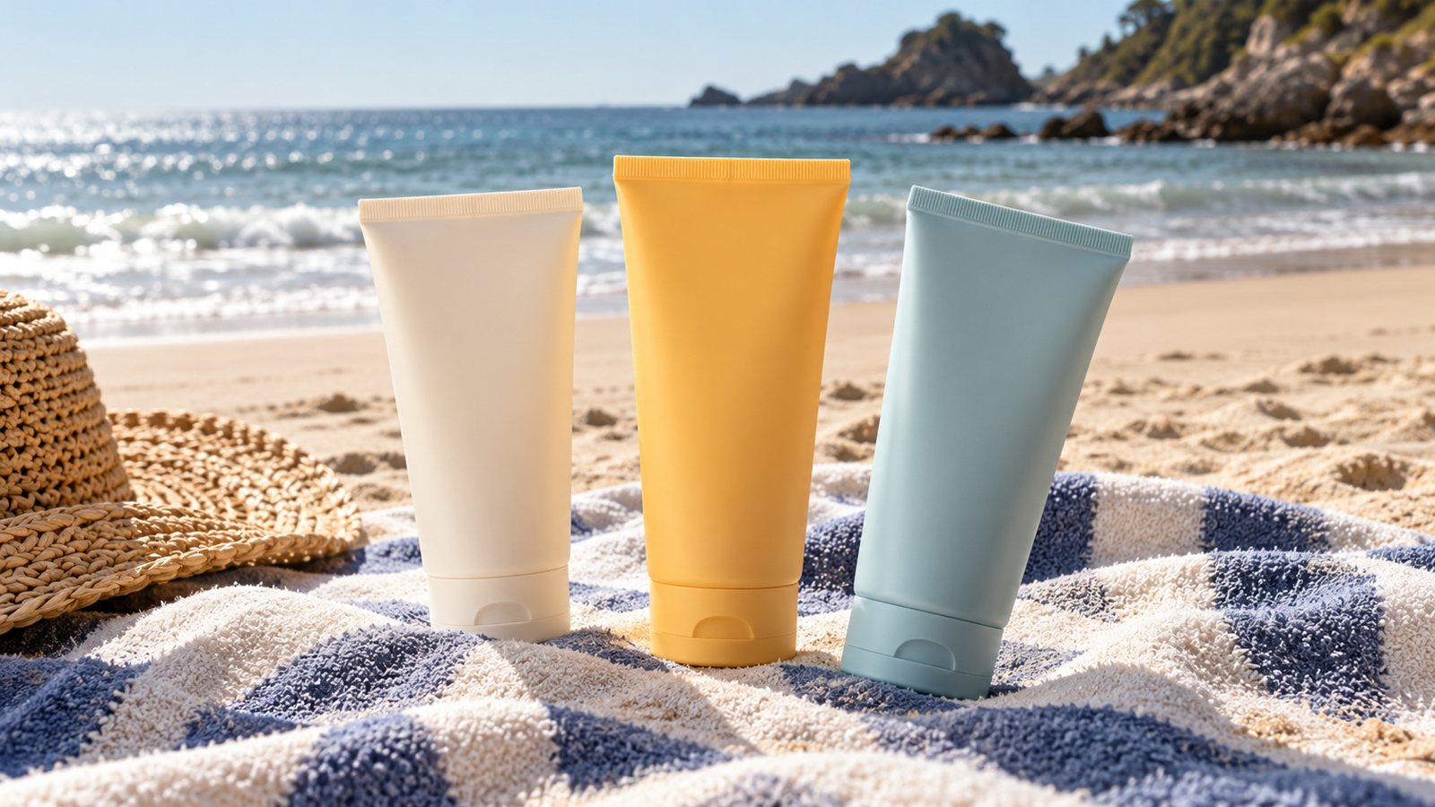 Sunscreen tubes on a towel (illustrative)