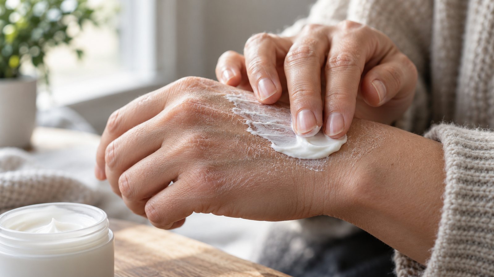 Applying cream to dry hands (illustrative)